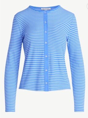 Free Assembly Women's Striped Fitted Cardigan Sweater Blue White Ribbed NWT Med